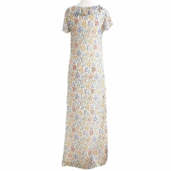L'ACADEMIE WHITE BLUE ORANGE FLORAL BUTTON FRONT FLUTTER MAXI BOHEMIAN DRESS - S - Picture 3 of 7